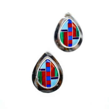 Vintage 925 Sterling Silver Agate Mosaic Stud Earrings