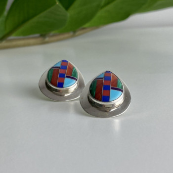 Vintage 925 Sterling Silver Agate Mosaic Stud Earrings