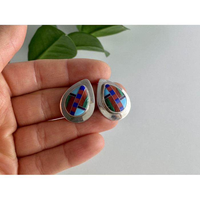Vintage 925 Sterling Silver Agate Mosaic Stud Earrings