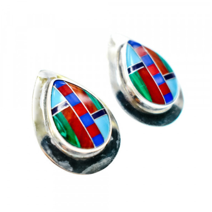 Vintage 925 Sterling Silver Agate Mosaic Stud Earrings