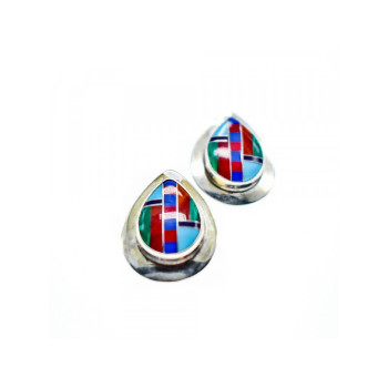Vintage 925 Sterling Silver Agate Mosaic Stud Earrings