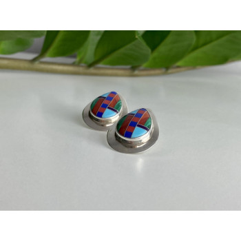 Vintage 925 Sterling Silver Agate Mosaic Stud Earrings