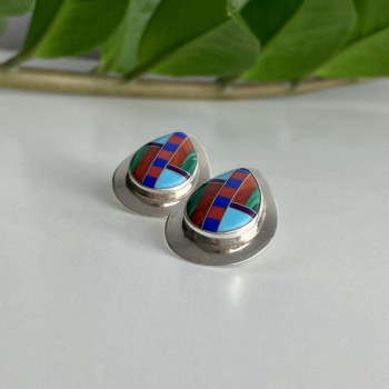 Vintage 925 Sterling Silver Agate Mosaic Stud Earrings