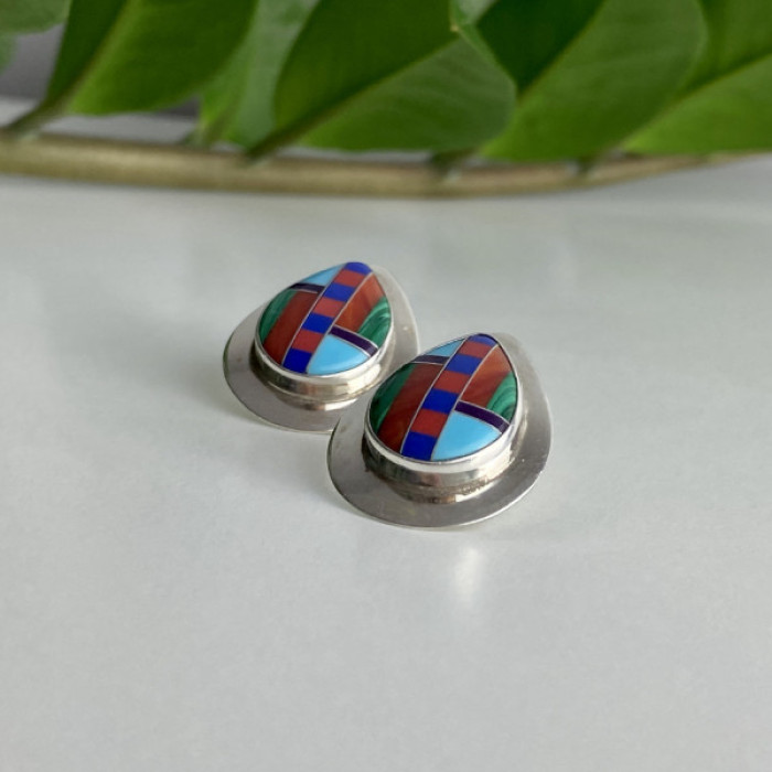 Vintage 925 Sterling Silver Agate Mosaic Stud Earrings