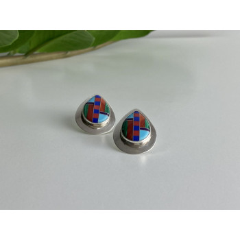 Vintage 925 Sterling Silver Agate Mosaic Stud Earrings