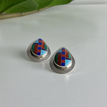 Vintage 925 Sterling Silver Agate Mosaic Stud Earrings