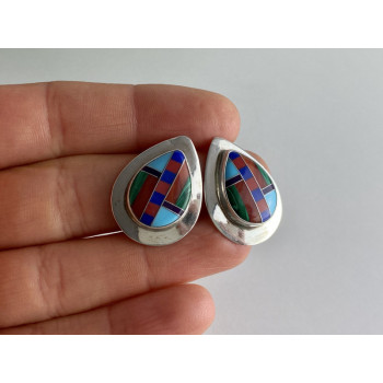 Vintage 925 Sterling Silver Agate Mosaic Stud Earrings