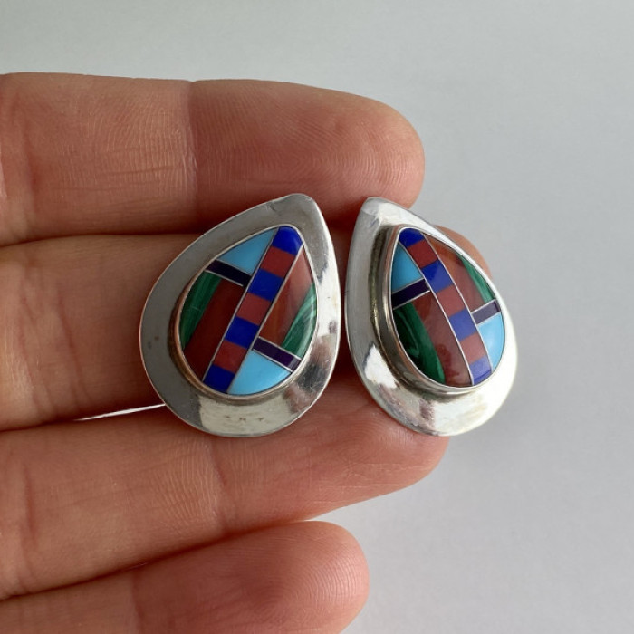 Vintage 925 Sterling Silver Agate Mosaic Stud Earrings