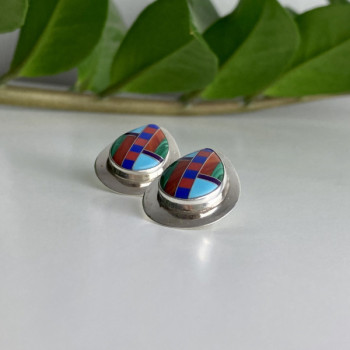 Vintage 925 Sterling Silver Agate Mosaic Stud Earrings