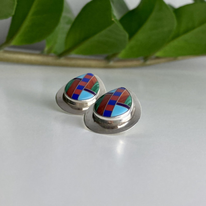 Vintage 925 Sterling Silver Agate Mosaic Stud Earrings