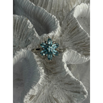 925 Sterling Silver Aquamarine Flower Ring Size 7