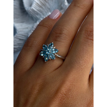 925 Sterling Silver Aquamarine Flower Ring Size 7