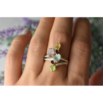 925 Sterling Silver Multi Gemstones Ring Size 8