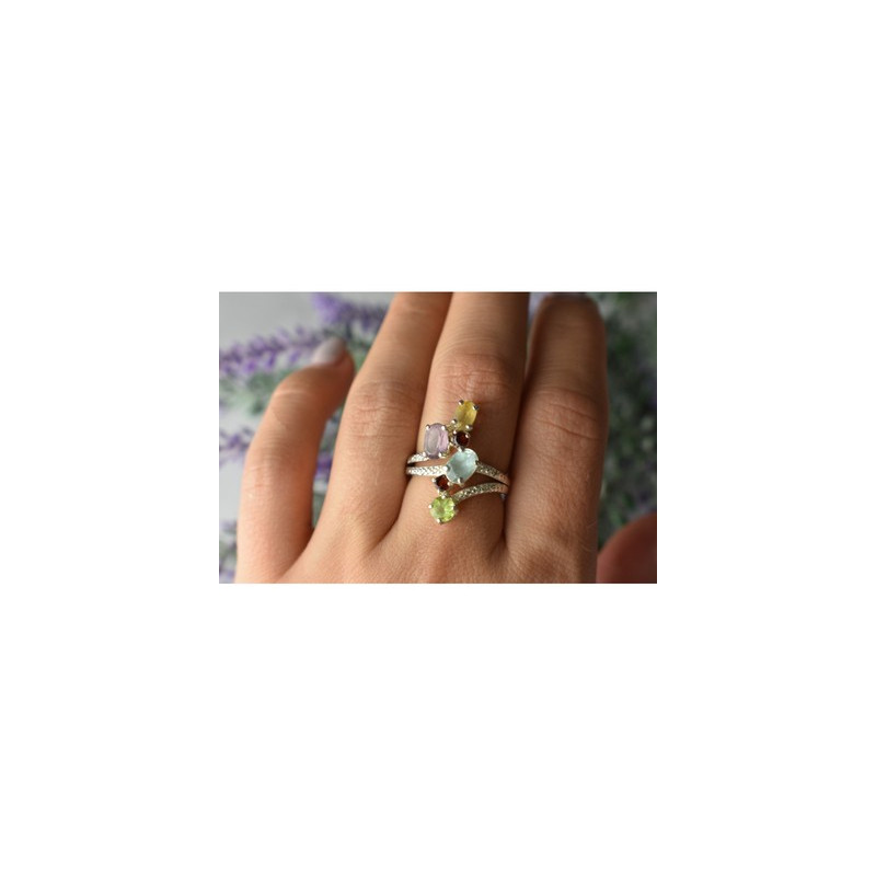 925 Sterling Silver Multi Gemstones Ring Size 8