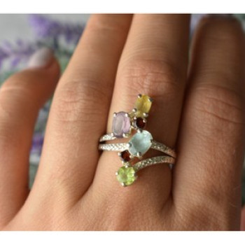 925 Sterling Silver Multi Gemstones Ring Size 8