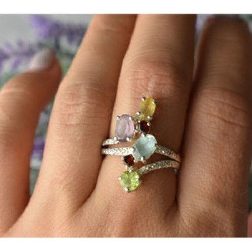 925 Sterling Silver Multi Gemstones Ring Size 8