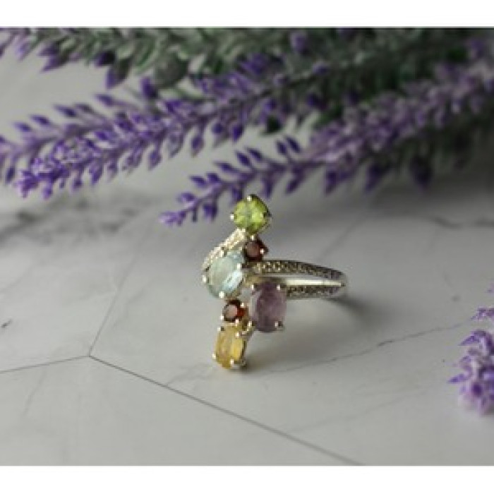 925 Sterling Silver Multi Gemstones Ring Size 8