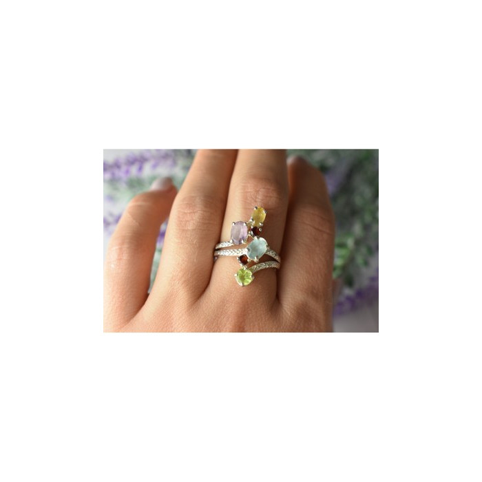 925 Sterling Silver Multi Gemstones Ring Size 8