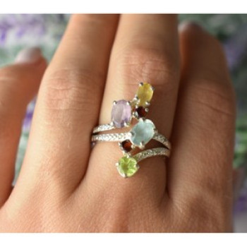 925 Sterling Silver Multi Gemstones Ring Size 8