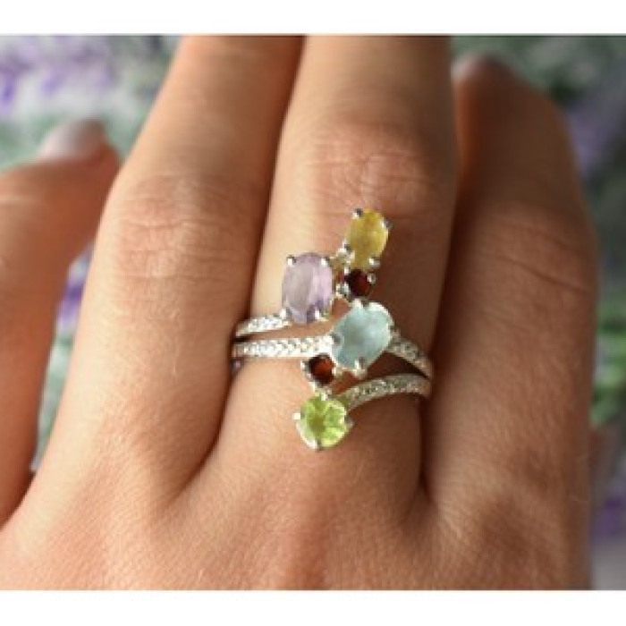 925 Sterling Silver Multi Gemstones Ring Size 8