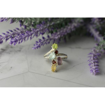 925 Sterling Silver Multi Gemstones Ring Size 8