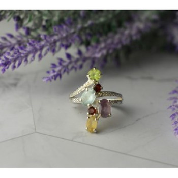 925 Sterling Silver Multi Gemstones Ring Size 8