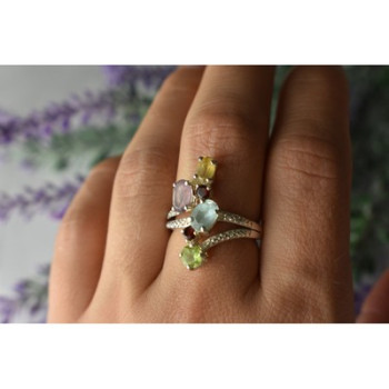 925 Sterling Silver Multi Gemstones Ring Size 8