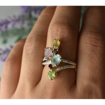 925 Sterling Silver Multi Gemstones Ring Size 8