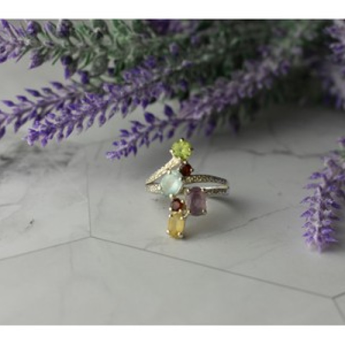 925 Sterling Silver Multi Gemstones Ring Size 8