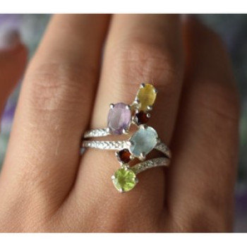 925 Sterling Silver Multi Gemstones Ring Size 8