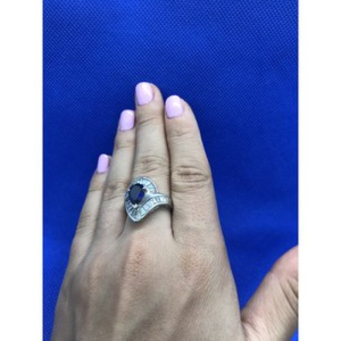 925 Sterling Silver Sapphire & CZ Ring Size 8