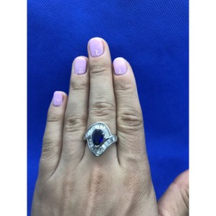 925 Sterling Silver Sapphire & CZ Ring Size 8