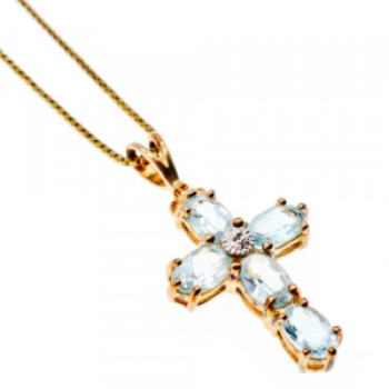 925 Sterling Silver Gold Plated Blue Spinel Chain With Cross