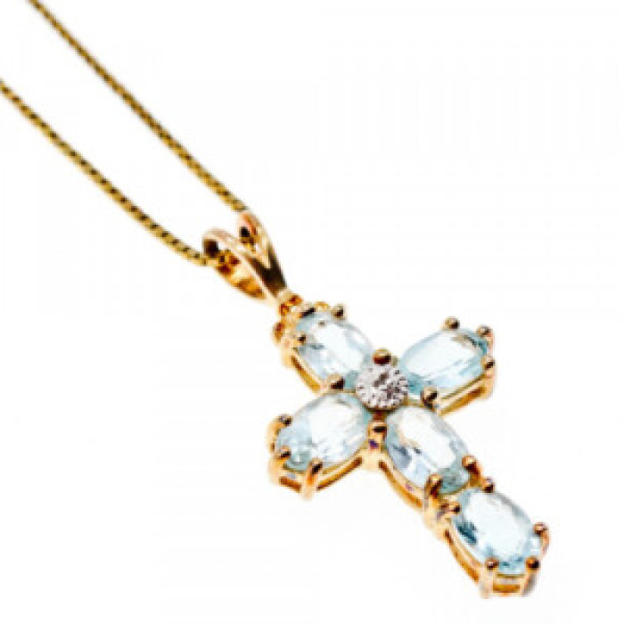 925 Sterling Silver Gold Plated Blue Spinel Chain With Cross