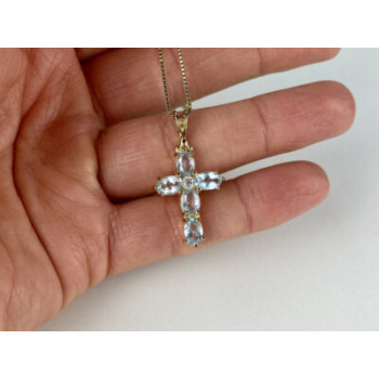 925 Sterling Silver Gold Plated Blue Spinel Chain With Cross