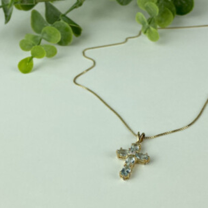 925 Sterling Silver Gold Plated Blue Spinel Chain With Cross