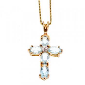 925 Sterling Silver Gold Plated Blue Spinel Chain With Cross