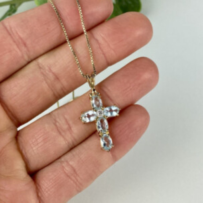 925 Sterling Silver Gold Plated Blue Spinel Chain With Cross