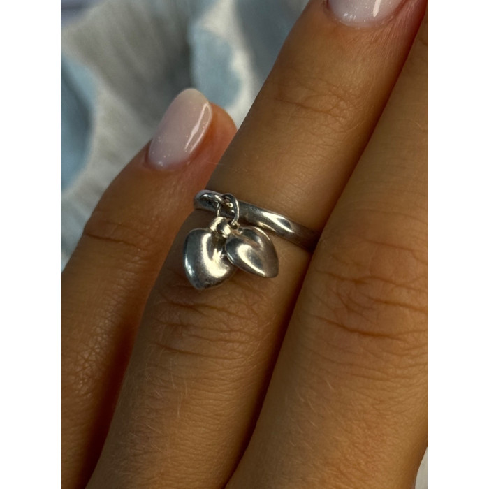 925 Sterling Silver 2 Hearts Charms Ring Size 5