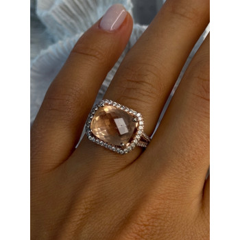 925 Sterling Silver Peach Tourmaline & CZ Ring Size 7