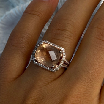 925 Sterling Silver Peach Tourmaline & CZ Ring Size 7