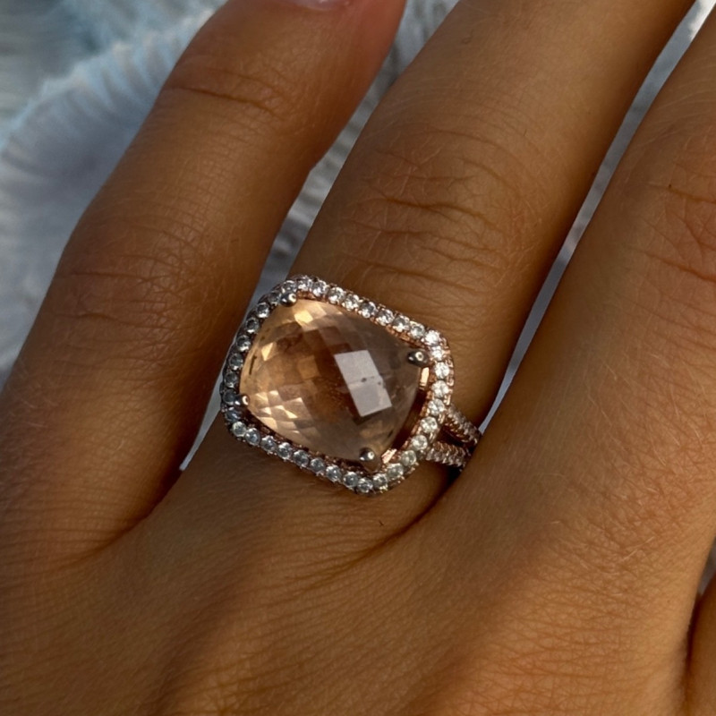 925 Sterling Silver Peach Tourmaline & CZ Ring Size 7