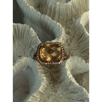 925 Sterling Silver Peach Tourmaline & CZ Ring Size 7