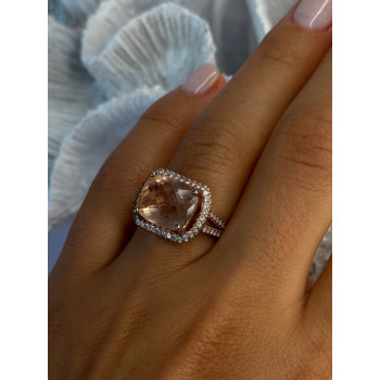 925 Sterling Silver Peach Tourmaline & CZ Ring Size 7