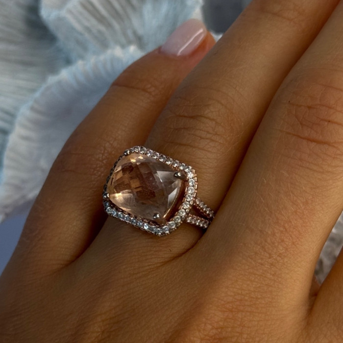 925 Sterling Silver Peach Tourmaline & CZ Ring Size 7