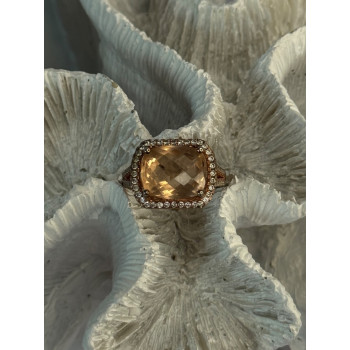 925 Sterling Silver Peach Tourmaline & CZ Ring Size 7