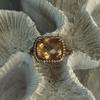 925 Sterling Silver Peach Tourmaline & CZ Ring Size 7