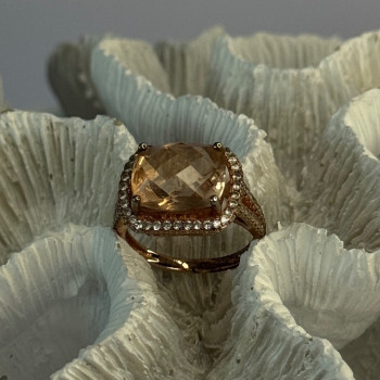 925 Sterling Silver Peach Tourmaline & CZ Ring Size 7
