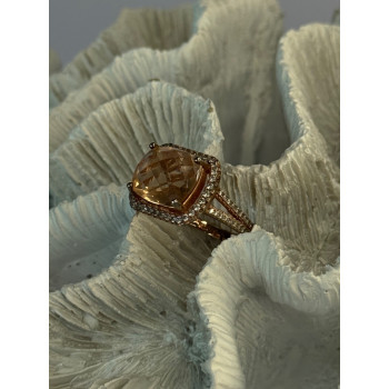 925 Sterling Silver Peach Tourmaline & CZ Ring Size 7