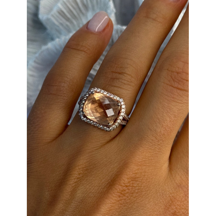 925 Sterling Silver Peach Tourmaline & CZ Ring Size 7